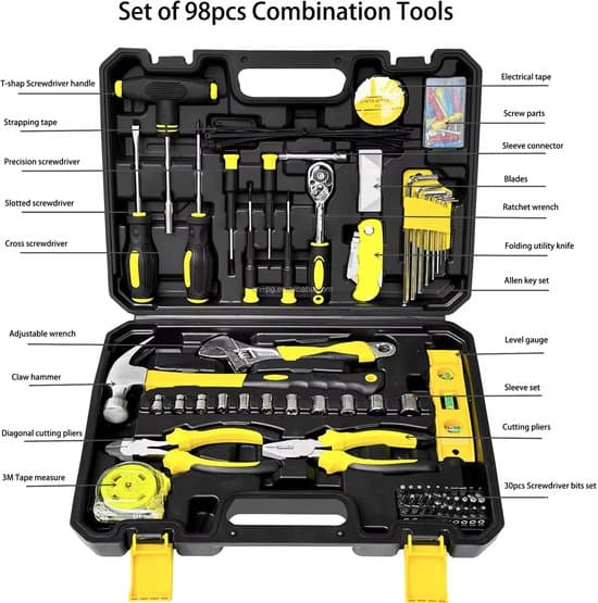 YAR Gereedschapskoffer 98-delig – Complete Toolbox – Gevulde Gereedschapsset – Handgereedschap – Schroevendraaierset – Ratel & Dopsleutelset – Koffer – Ideaal voor Klussen & Cadeau voor Mannen