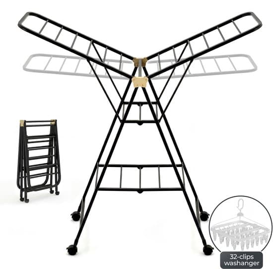 Eluxara Wasrek Deluxe – Inc. Kleine Droogmolen – Droogrek Met Wielen- 25 Meter Drooglengte - Groot Inklapbaar - 3-Laags – Kleding Wasdroogrek – Stevig RVS Frame – Modern Design – 160×47×95 cm - Zwart
